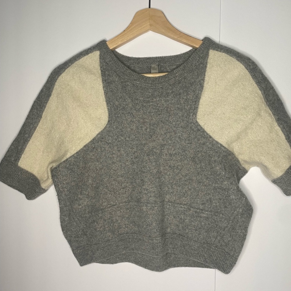 Gray Cropped Sweater with Cream Raglan Sleeves Cashmere